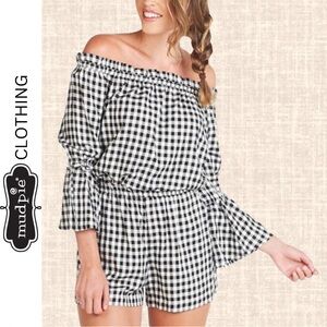 Mudpie Women's Camden Gingham Black & White Shorts Romper / Size XS